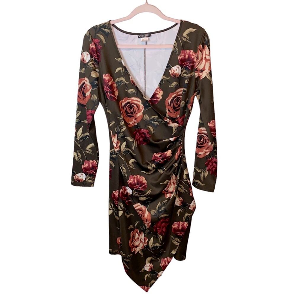 Venus Plunging Floral Wrap Style Bodycon Dress Long‎ Sleeve Medium